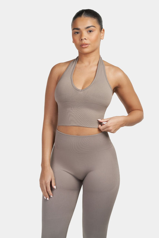 Sculpting Halterneck Top – Khaki | Fitpulse Gear